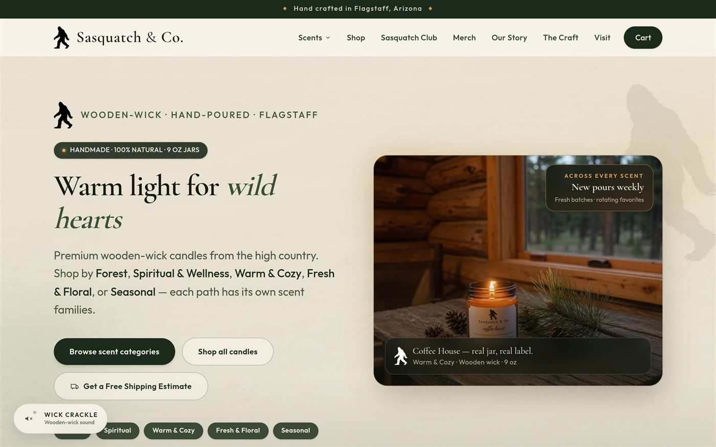 Sasquatch Candle Company homepage — warm custom product homepage with clear navigation and hero